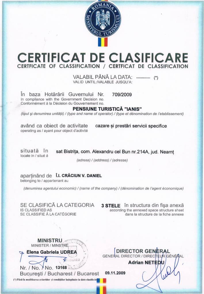 Certificat clasificare pensiunea Ianis